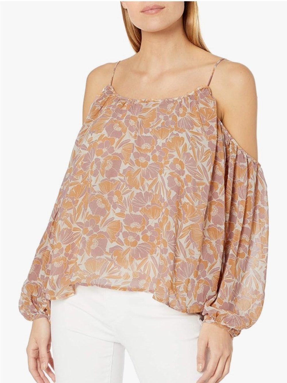 Astr Cold-Shoulder Floral Blouse in Mauve and Tan